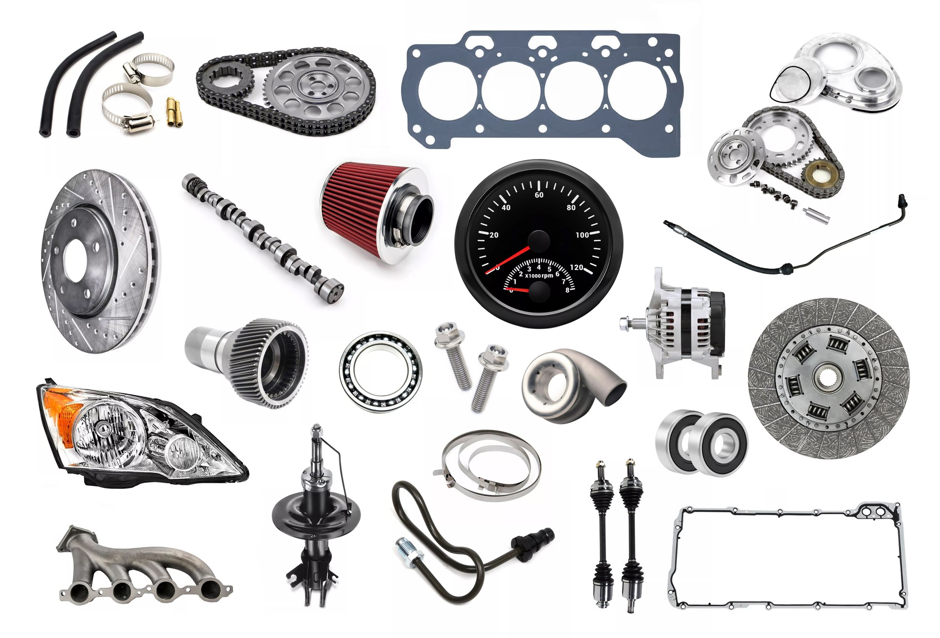 Car parts, engine repair, gearboxes, auto repair parts, composition on white background.